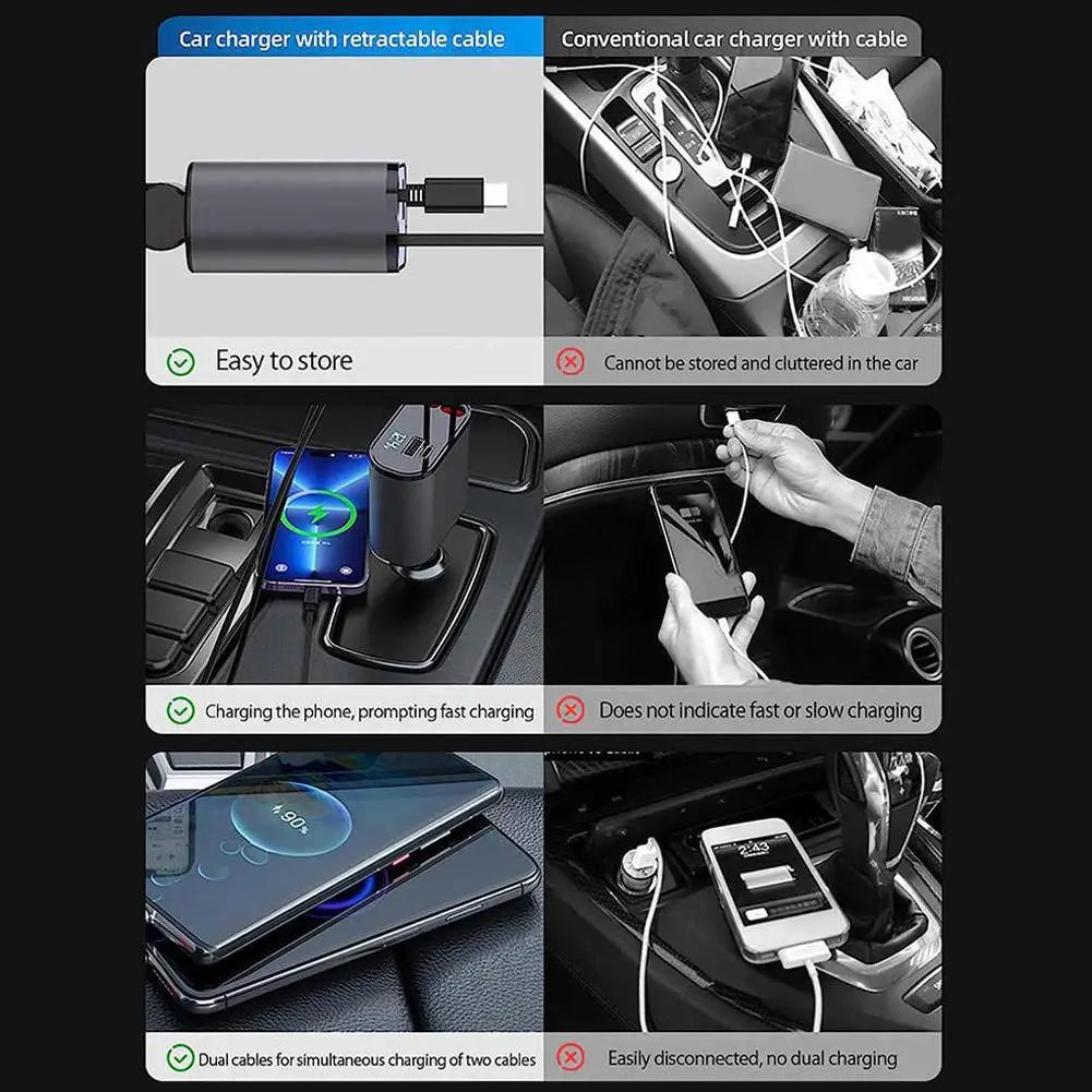 4 in 1 Super Fast Retractable Car Charger for Apple/Type C USB 100/120W