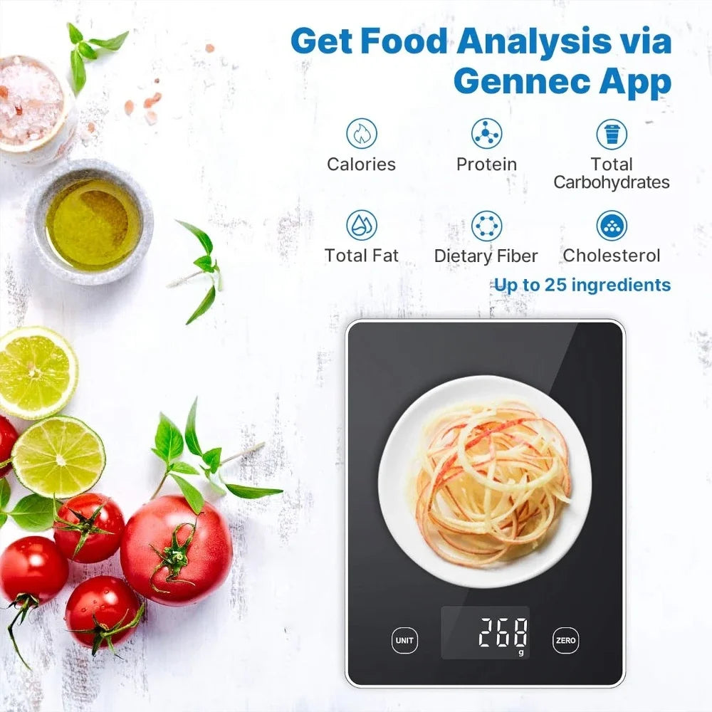 Kitchen Scale, Smart Food Scale with Nutritional Calculator, Food Weight Scale Grams and Ounces, Black Glass, 22Lb/10Kg